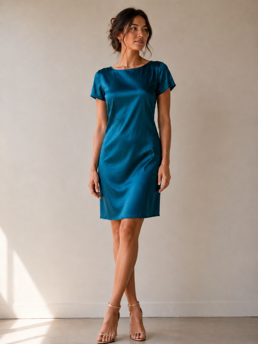 Moda International Silk Teal Short-Sleeve Shift Dress Wedding Guest Coastal